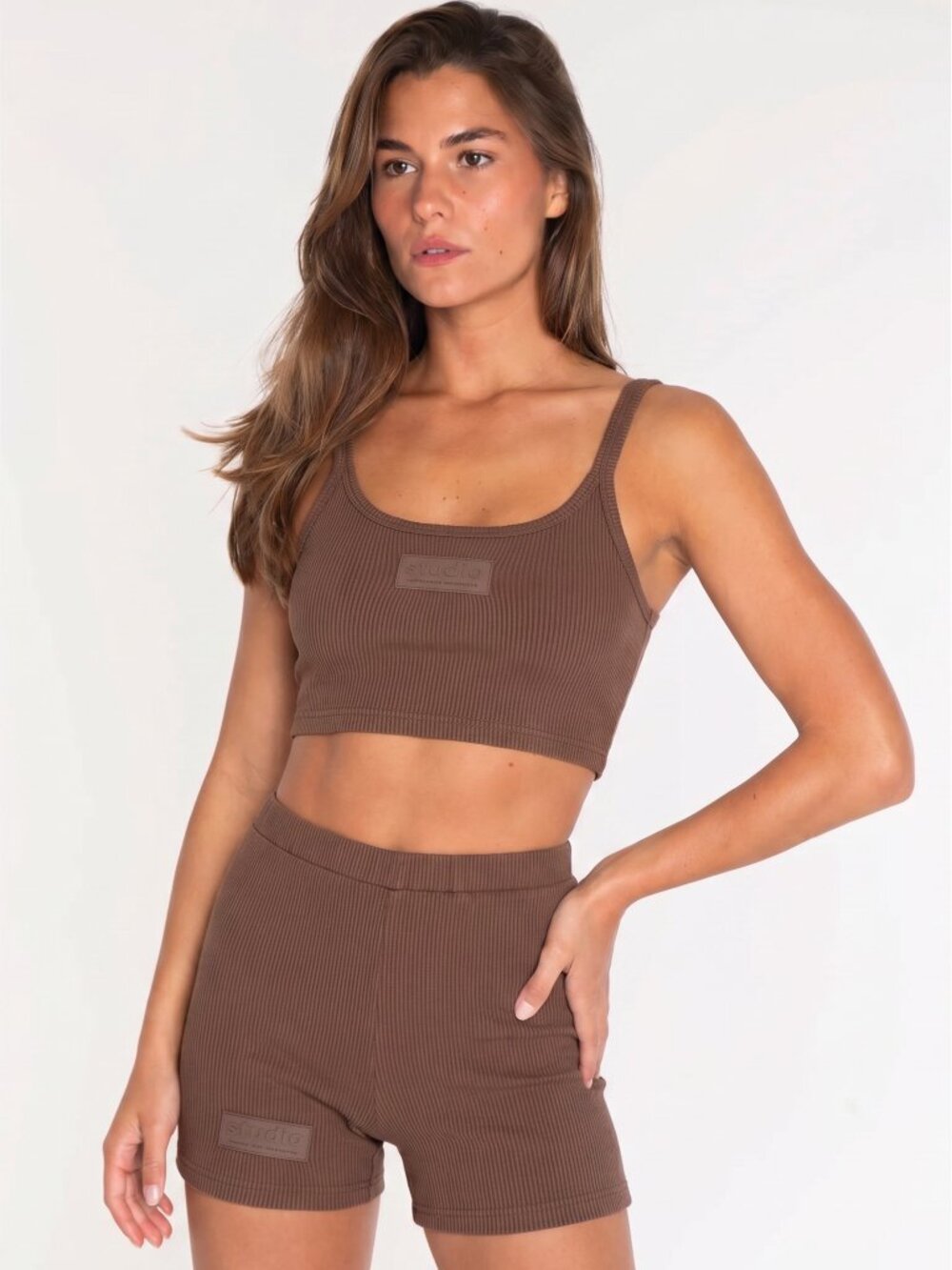 Brandon Blackwood Matching Crop Top & Shorts Set - Mocha Brown - Size M